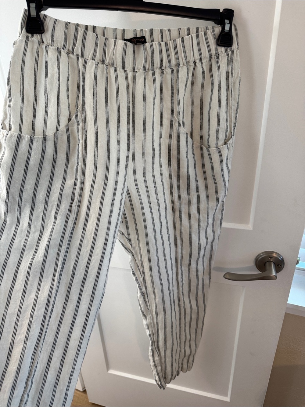 Quince Cream and Black Striped 100% European Linen Pants with Ruffle Top set - Picture 5 of 6